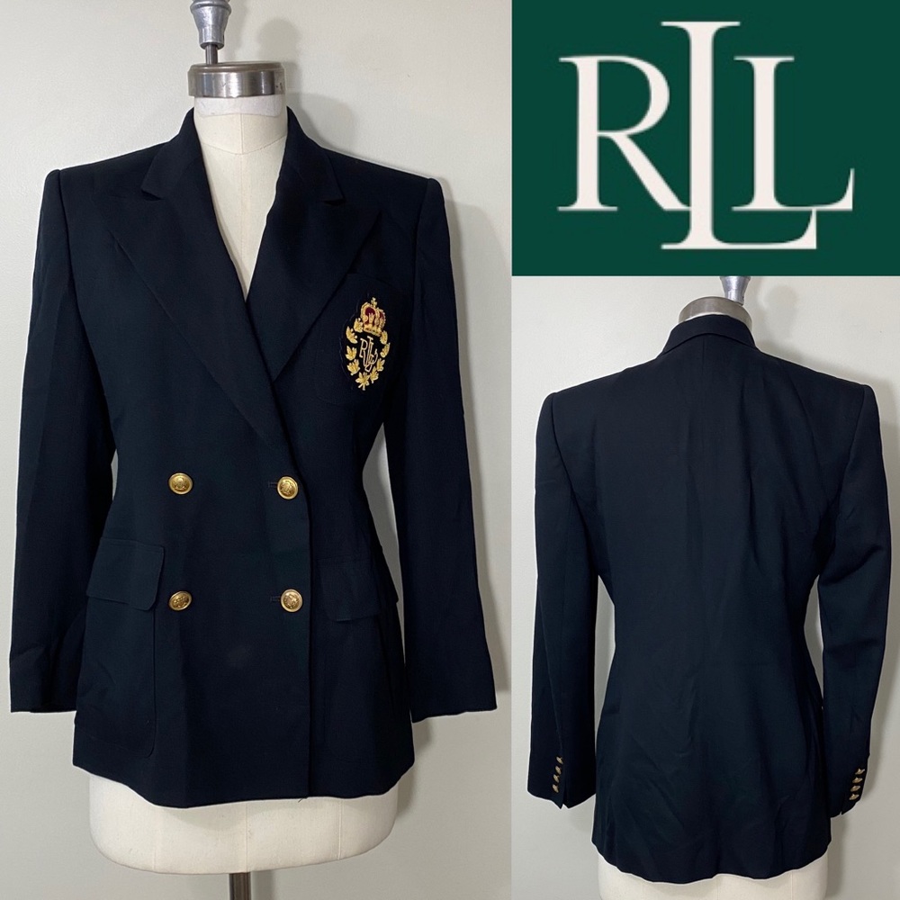 LAUREN Ralph Lauren Double Breasted Black Blazer 100% Wool Size 6